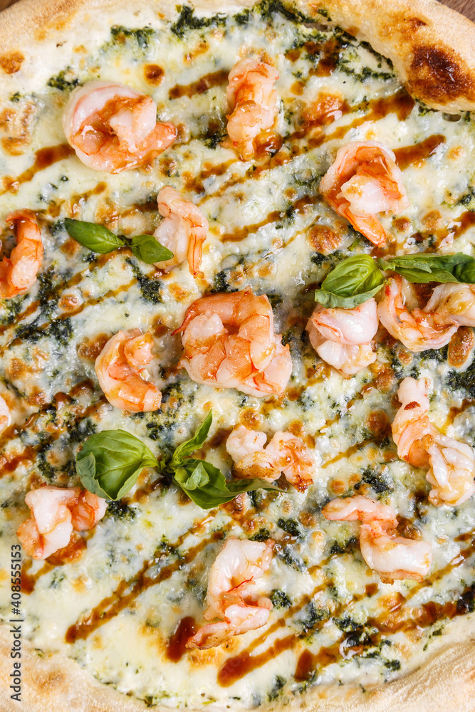 pizza with shrimp and cheese top view pizza with shrimp and cheese top view