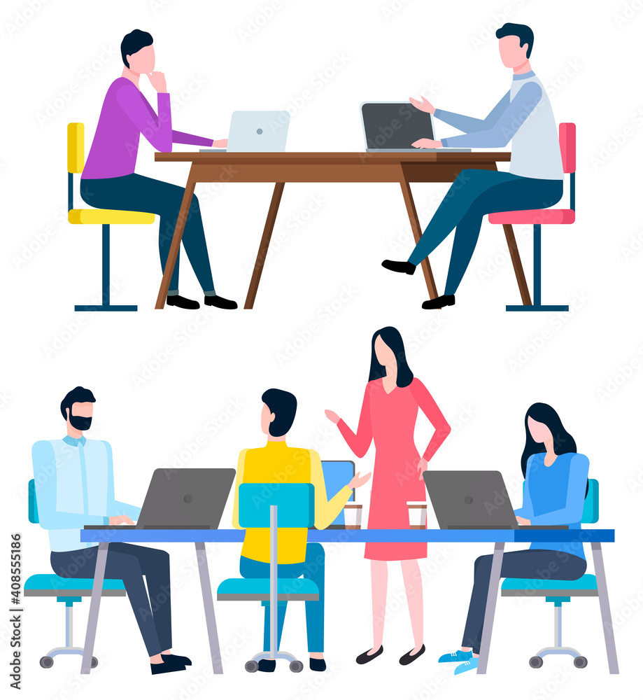 Workers man and woman working with laptop and discussing, workplace and employee, partnership. Vector tables and computers, teamwork brokers cooperation Workers man and woman working with laptop and discussing, workplace and employee, partnership. Vector tables and computers, teamwork brokers cooperation