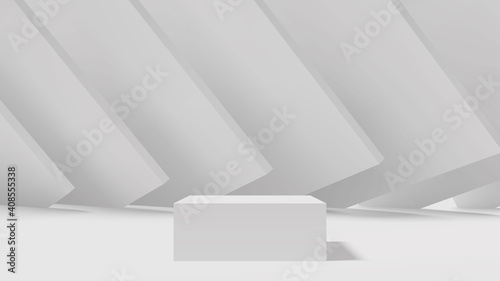 White minimal platform for product presentation with geometric shapes background, 3d render podium mockup vector