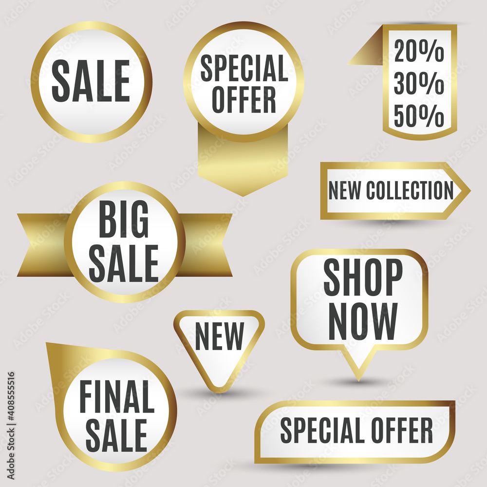 Vector gold collection of labels for sale and special offer and new collection text
