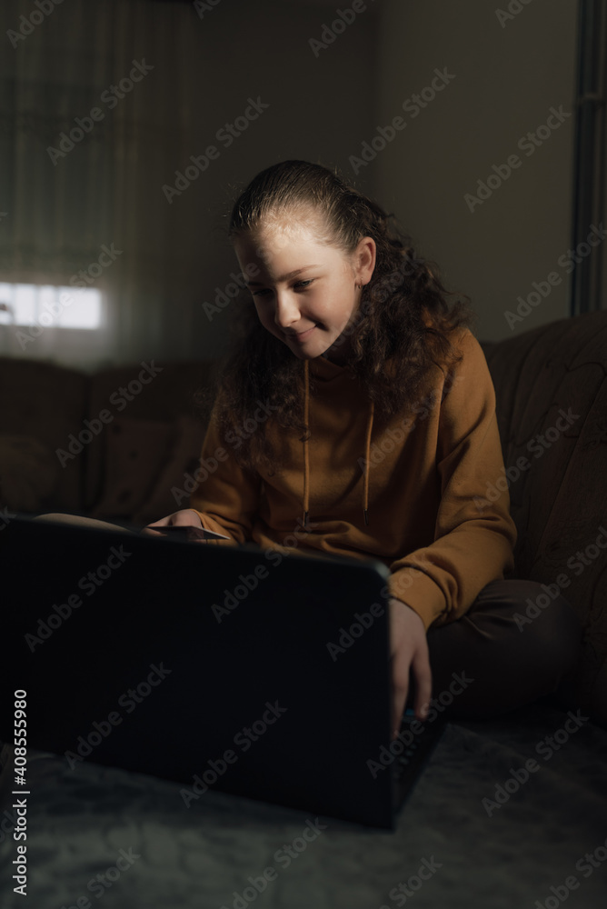 Fototapeta premium The girl is holding a bank card while shopping online