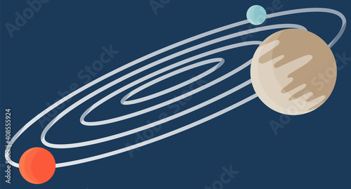 Cartoon fantastic planet on dark blue space background. Saturn made of gases with ring of ice and dust. The planets of the solar system are moving in a circle cartoon flat vector cosmic object