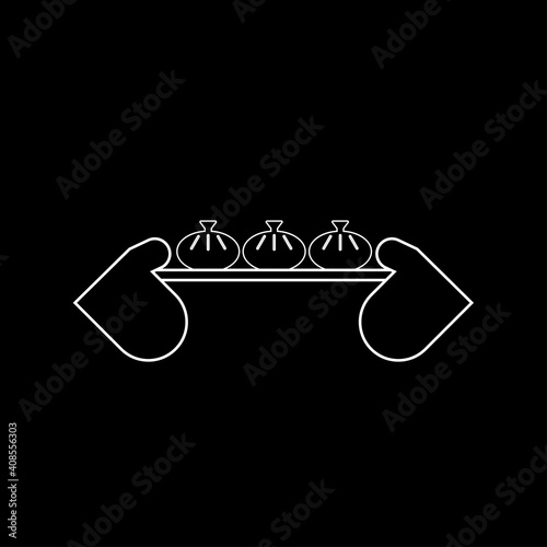 Kitchen gloves holding a tray with a Khinkal sign. on black background eps ten