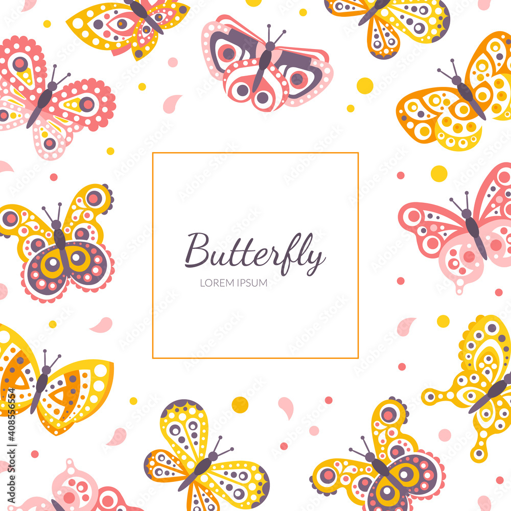 Butterfly Banner Template with Beautiful Butterflies Seamless Pattern Cartoon Vector Illustration