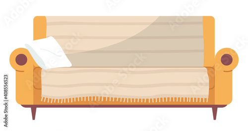 Soft couch with colorful pillows. Leisure furniture vector. Yrllow sofa or divan isolated on white background. Arrangement of furniture and layout of premises. Living room interior design sofa element