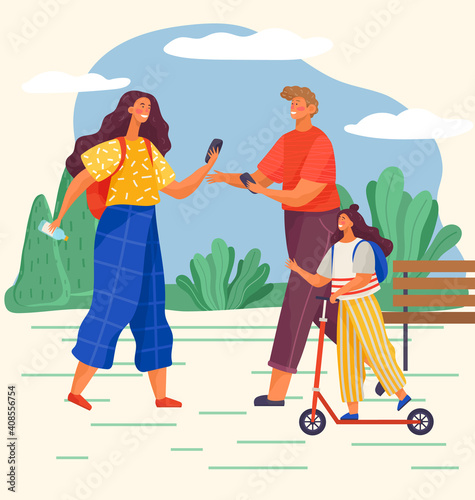 Happy family is walking in the park. Mom, dad and daughter spend time together outdoors. Parents are talking while the child is riding a scooter. The concept of an amusement with the whole family