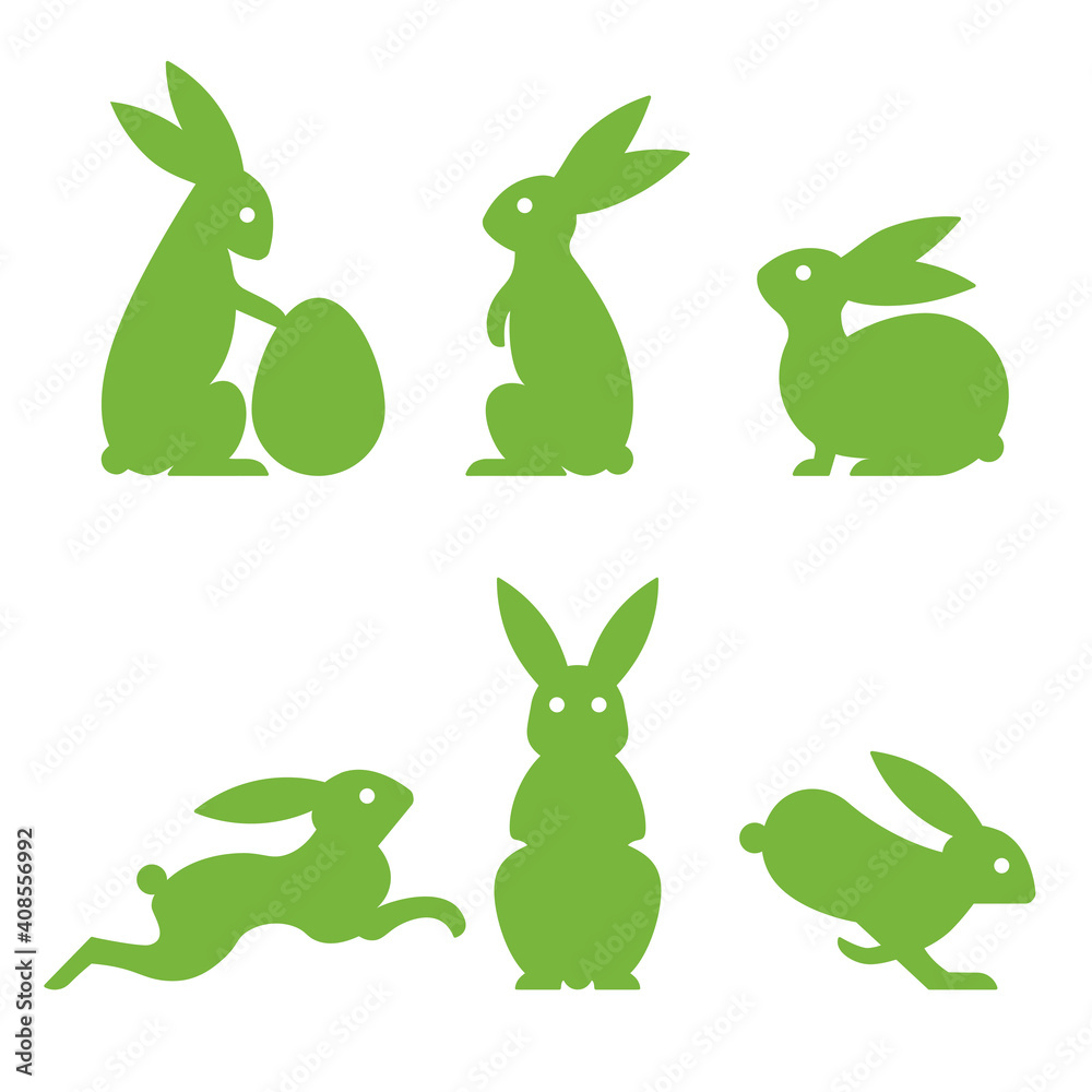 Six silhouettes of easter bunnies in different poses. Holiday symbols vector set.