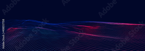 Panoramic wireframe mountain land in violet and blue color. Abstract background for futuristic, modern, computer, big data concepts