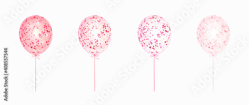 Pink helium balloons with glitter inside isolated on white. Set of balloons of different transparency and saturation . Decorations for holiday, birthday, anniversary, celebration