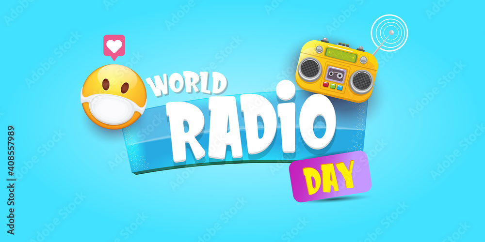 World radio day horizontal banner with vintage old orange cassette stereo player isolated on blue background. Cartoon funky hipster Radio day banner or poster