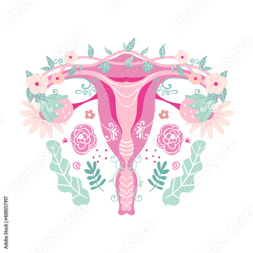 Female reproductive system. Uterus with flowers. Vector illustration.
