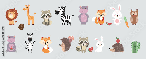 Set of vector cute animals. Illustration in cartoon style. Vector illustration.