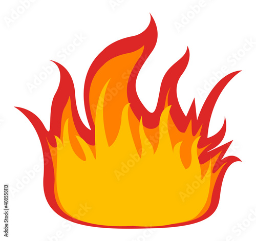 Symbol of fire isolated on white background. Vector illustration high bright flame yellow and red color. Campfire way to warm up or cook food, energy abstract sign, danger temperature source