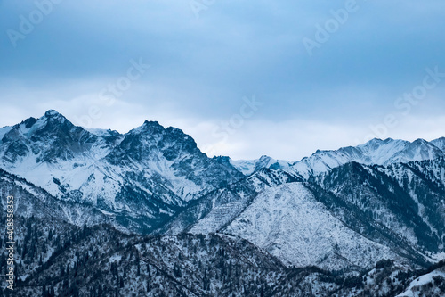 Beautiful rocky mountains with snow and fir tres background.