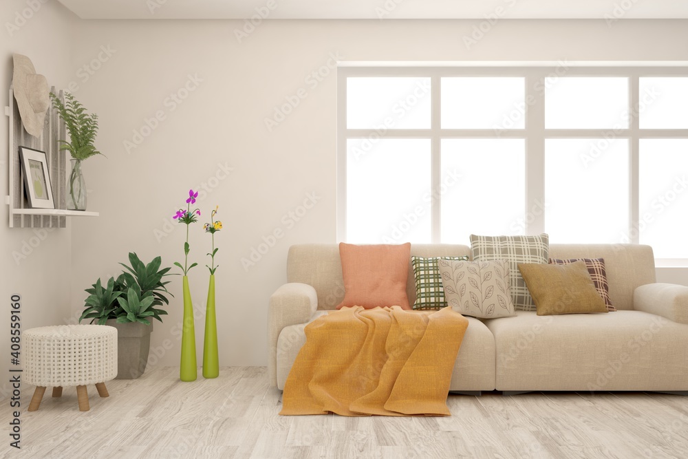 Fototapeta premium White living room with orange sofa. Scandinavian interior design. 3D illustration