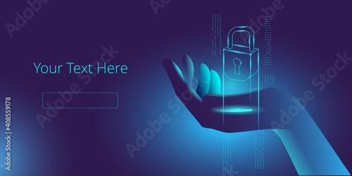 The hand holds the virtual lock. Vector illustration on the topic of cybersecurity. Template for a horizontal banner or poster.