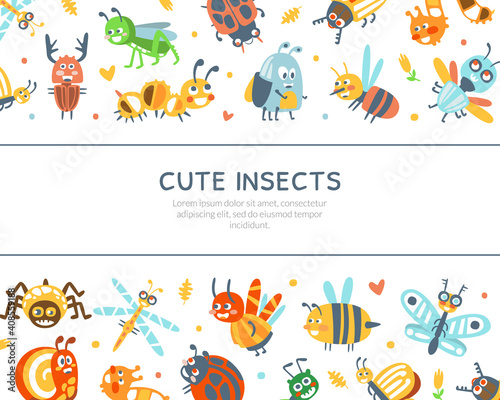 Fototapeta Naklejka Na Ścianę i Meble -  Cute Insects Banner Template, Cover, Poster, Invitation Card with Funny Caterpillar, Dragonfly, Ladybug, Grasshopper, Spider Insects Vector Illustration