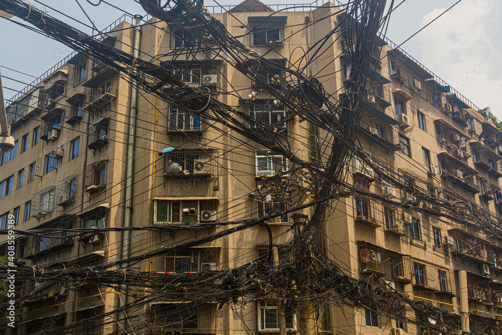 Chaos of wires on a street in Xi'an, China