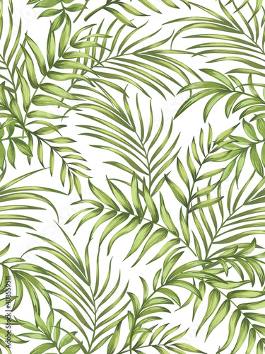 Green tropical palm leaves seamless vector pattern on white background.Trendy summer print.