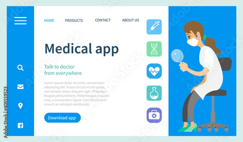 Program landing page template. Medical app for communicating with a doctor from anywhere. Website for analyzing state of health via the Internet. A girl sitting with a magnifying glass in her hands