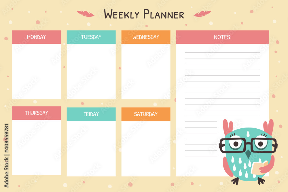 Weekly Planner for Kids Template, Planning Page, Notes, Organizer for Kids with Cute Funny Owl Bird Cartoon Vector Illustration