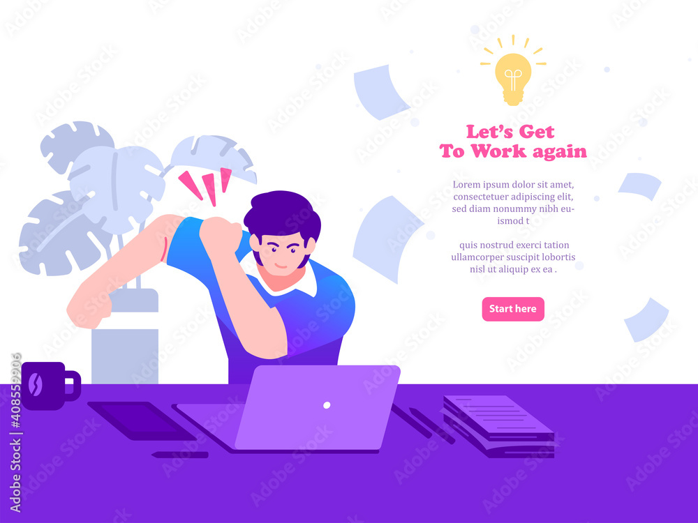 man get Ready to work front of computer. back to work concept illustration man get Ready to work front of computer. back to work concept illustration