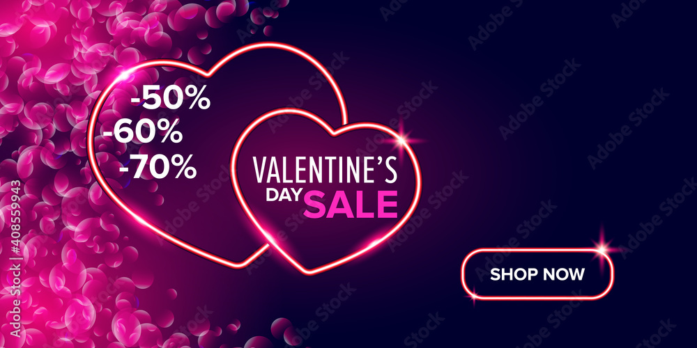 Valentines day sale horizontal banner with pink neon heart and glowing pink petals isolated on background. Valentines day sale poster with shiny pink layout and beautiful heart Valentines day sale horizontal banner with pink neon heart and glowing pink petals isolated on background. Valentines day sale poster with shiny pink layout and beautiful heart