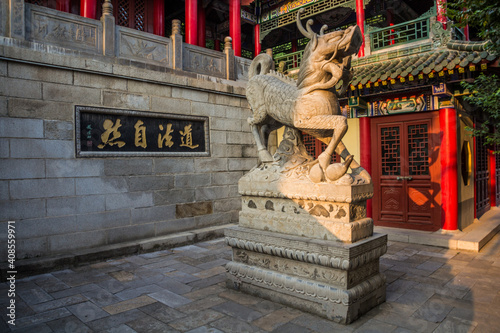 HUA SHAN, CHINA - AUGUST 4, 2018: Scuplture in Jade Spring Temple at the entrance to Hua Shan mountain, China photo