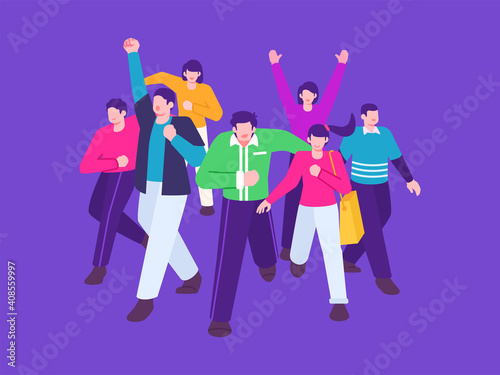 group of people raid into a discount event concept illustration