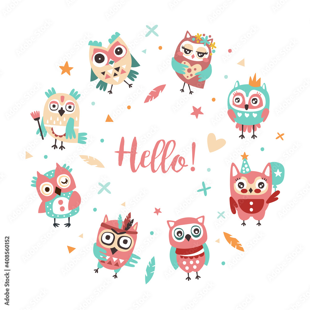 Hello Banner Template with Cute Colorful Hand Drawn Owlets, Poster, Invitation, Greeting Card, Flyer Design with Funny Owls Vector Illustration
