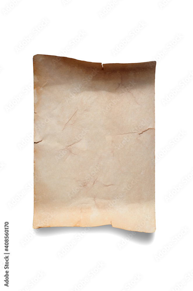 An old crumpled piece of paper. Copy space. Isolated on white