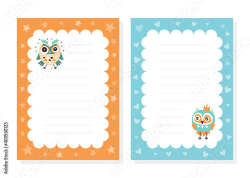Cute Childish Lined Note Sheets Set, Notebook, Planning Pages, Organizer for Kids with Cute Funny Owl Birds Characters Cartoon Vector Illustration