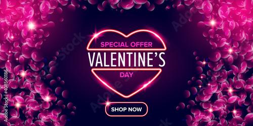 Valentines day sale horizontal banner with pink neon heart and glowing pink petals isolated on background. Valentines day sale poster with shiny pink layout and beautiful heart
