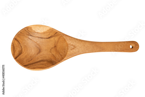 Wooden serving spoon isolated on white background. Kitchen gadgets or utensils concept.