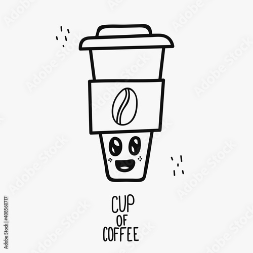Big happy cup of coffe doodle character vector character with coffee grain, linear black icon vector for cafe and restaurant