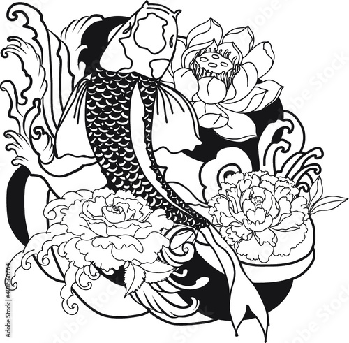 hand drawn koi fish with flower tattoo for Arm.Colorful Koi carp with Water splash,lotus and peony flower.Japanese tattoo and illustration for coloring book.Asian traditional tattoo design.