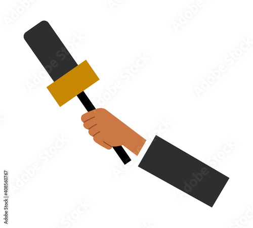 Hand holding a microphone vector illustration. Correspondent interviews with special equipment. Man holds a device for recording a human voice. Black microphone isolated on white background