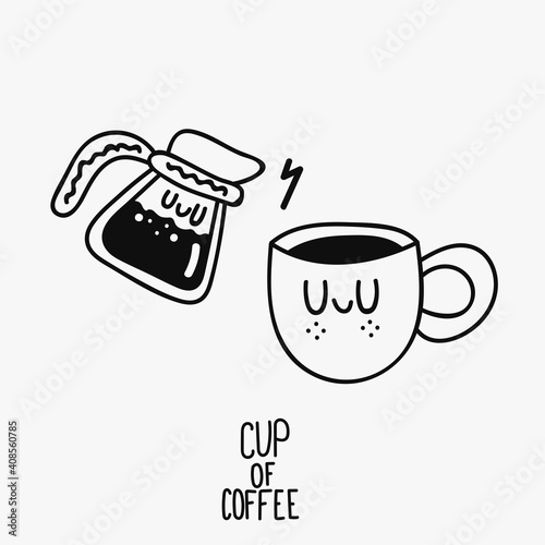 Pot and cup of coffe doodle vector hand drawn linear black icons for cafe and restaurant business. Espresso and capuccino character drawing