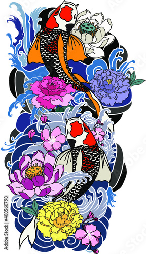 hand drawn koi fish with flower tattoo for Arm.Colorful Koi carp with Water splash,lotus and peony flower.Japanese tattoo and illustration for coloring book.Asian traditional tattoo design.