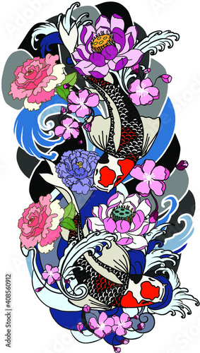 hand drawn koi fish with flower tattoo for Arm.Colorful Koi carp with Water splash,lotus and peony flower.Japanese tattoo and illustration for coloring book.Asian traditional tattoo design.