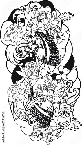 hand drawn koi fish with flower tattoo for Arm.Colorful Koi carp with Water splash,lotus and peony flower.Japanese tattoo and illustration for coloring book.Asian traditional tattoo design.