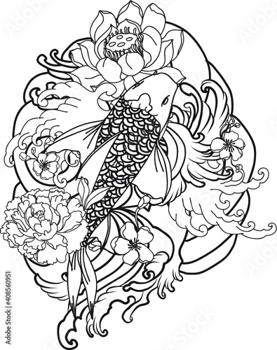 hand drawn koi fish with flower tattoo for Arm.Colorful Koi carp with Water splash,lotus and peony flower.Japanese tattoo and illustration for coloring book.Asian traditional tattoo design.