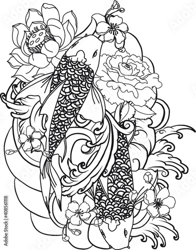 hand drawn koi fish with flower tattoo for Arm.Colorful Koi carp with Water splash,lotus and peony flower.Japanese tattoo and illustration for coloring book.Asian traditional tattoo design.