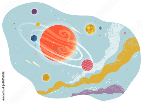 Cartoon red fantastic planet on light blue space background. Saturn made of gases with ring of ice and dust. Satellites and stars circle around planet in Solar system cartoon cosmic astronomic object