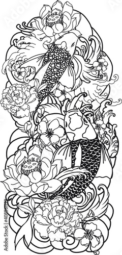 hand drawn koi fish with flower tattoo for Arm.Colorful Koi carp with Water splash,lotus and peony flower.Japanese tattoo and illustration for coloring book.Asian traditional tattoo design.