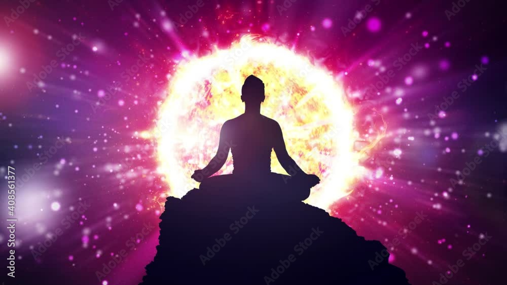 Power of meditation. Energy burst of chakra. Mindfulness power of awakening and self awerness. Great light of mental power animation. 