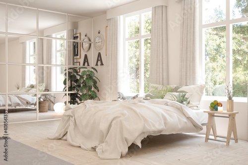 White bedroom interior. Scandinavian design. 3D illustration