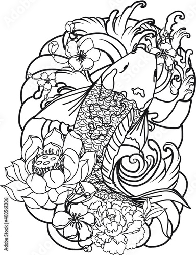 hand drawn koi fish with flower tattoo for Arm.Colorful Koi carp with Water splash,lotus and peony flower.Japanese tattoo and illustration for coloring book.Asian traditional tattoo design.