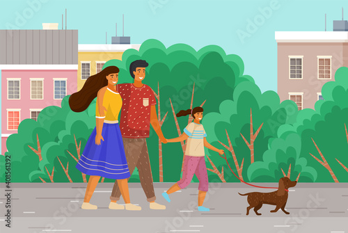 Family with a dog is walking on the street. Relatives with a pet spend time outdoors. The owners with the animal together on a leash in the park. Parents walk by the hand with their daughter