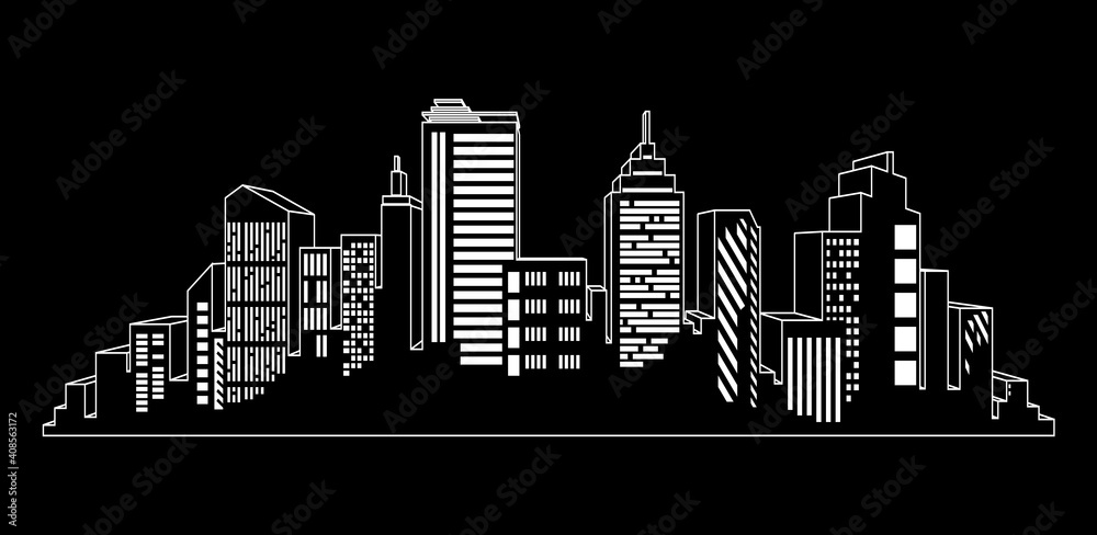 black cities silhouette icon set on black. Night city lights